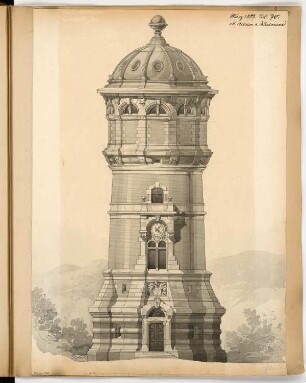 Wasserturm, Colmar Monatskonkurrenz März 1883: Aufriss Ansicht mit Eingang; Maßstabsleiste