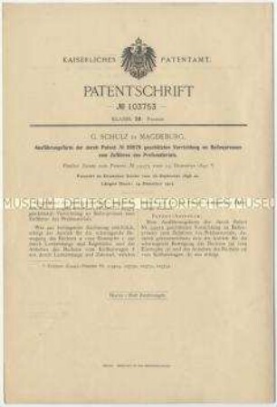 Patentschrift einer Vorrichtung an Ballenpressen für die Zuführung des Preßgutes, Patent-Nr. 103753