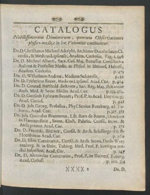 Catalogus Nobilissimorum Dominorum, quorum Observationes physico-medicae in hoc Volumine continentur.