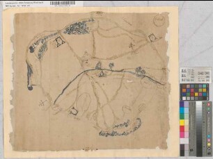 [Karte von Bliesheim mit Einzeichnung der Gerichtsstätten. Erftlauf, Mühlenbach, Straße von Bonn nach Lechenich]. [Nach 1715]
