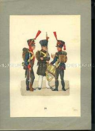 Uniformdarstellung, Kanonier in Parade, Kanonier im Capot und Tambour in Parade, Fußartillerie-Regiment, Sachsen, 1810/1811. Veränderte Kopie aus: Abbildung der neu organisierten Königlich-Sächsischen Armee.