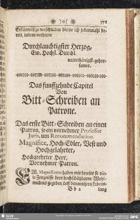 Das funffzehnde Capitel Von Bitt-Schreiben an Patrone