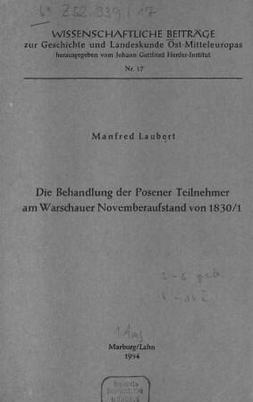 Die Behandlung der Posener Teilnehmer am Warschauer Novemberaufstand von 1830/1