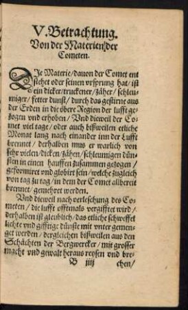 V. Betrachtung. Von der Materien/ der Cometen.