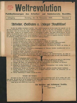 1. Jahrgang, Nr.1 = Sonntag 10. November 1918