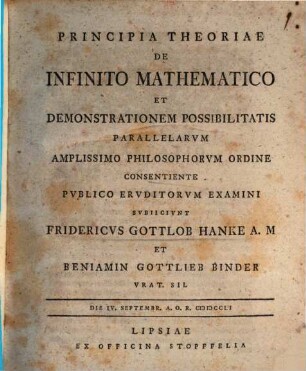 Principia theoriae de infinito mathematico et demonstrationem possibilitatis parallelarum