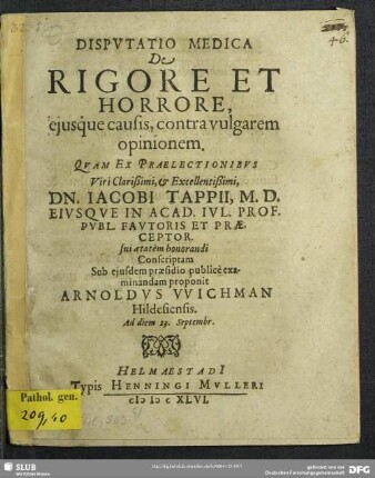 Disputatio Medica De Rigore Et Horrore, eiusque causis, contra vulgarem opinionem