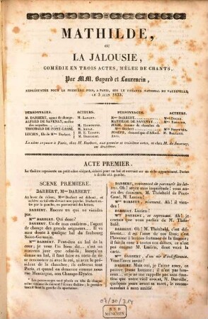 Mathilde, ou la jalousie : comédie en trois actes, mêlée de chants