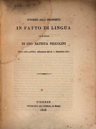 Intorno alla proprietà in fatto di Lingua : Lezione detta nella publ. Adunanza 1821