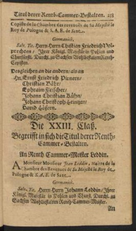 Die XXIII. Claß. Begreifft in sich die Titul derer Renth-Cammer-Bestalten