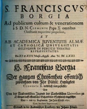 Sanctus Borgia ad publicum cultum a Clemente X propositus