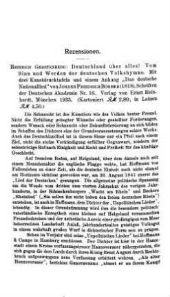 Gerstenberg, Heinrich :: Deutschland über alles!, vom Sinn und Werden der deutschen Volkshymne, mit einem Anhang "Das deutsche Nationallied" von Johann Friedrich Böhmer, 1818, (Schriften der Deutschen Akademie, 16) : München, Reinhardt, 1933