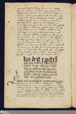 das dritt capittell sagtt vonn Zerstorung vnnd zerstrewung der burger vnnd dem kaysser lothario vnnd wie diese statt wider gebawtt ist