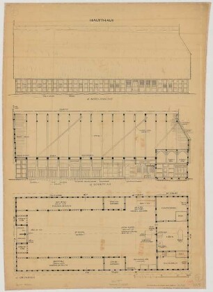 Preußisch Ströhen (Kreis Lübbecke): Hof Nr. 61 [Simon] Rohlfing. Haupthaus (Grundriss, Nordansicht, Längsschnitt)