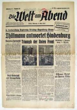 Kommunistische Berliner Abendzeitung "Die Welt am Abend" zur Reichspräsidentenwahl (1. Wahlgang)