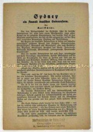 Propagandaschrift für die Idee einer deutschen Bodenreform Beispiel der australischen Stadt Sydney