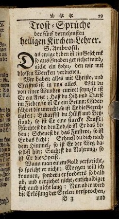 Trost-Sprüche der fünf vornehmsten heiligen Kirchen-Lehrer. - Gebetlein, wenn der Mensch beten will, täglich zu sprechen.