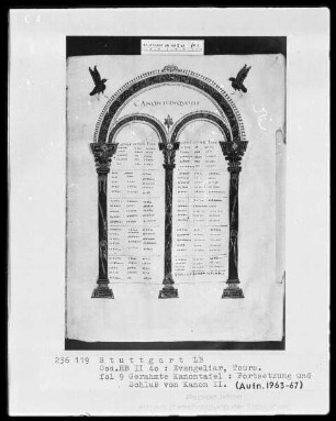 Evangeliar — Kanontafel mit zwei Raben?, Folio 9recto