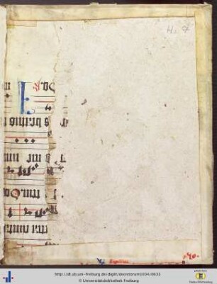 Spiegel mit aufgeklebtem Streifen einer Pergament-Hs. des 15. Jhs: Antiphonale mit Hufnagelnotation auf 4 Linien, F-Linie rot (Fest: Stephanus).