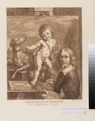 Selbstbildnis d. Guercino, vor einem Bild mit Amor, der einen Hund an der Kette hält
