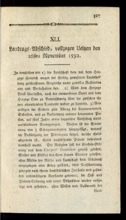 XLI. Landtags-Abschied, vollzogen Ueltzen den 26sten November 1592.