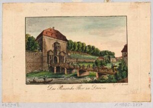 Das Pirnaische Tor (Pirnaischer Platz, Landhausstraße) in Dresden vor der Demolierung 1820 mit Stadtgraben, Blick nach Nordwesten