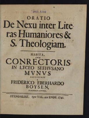 Oratio De Nexu inter Literas Humaniores & S. Theologiam : Habita Cvm Conrectoris In Lyceo Seehvsano Mvnvs Capesseret