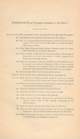 Memorandum of proposals contained in this report