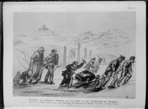 Reproduktion eines Buchdruckes: Transport der glühenden Schlacken von der Hütte zu den Wohnungen der Bergleute. Aquarell von Gustav Ballin, 1906; wahrscheinlich aus "75 Jahre Mansfelder Pflastersteine" von Hanns Freydank, Eisleben 1939