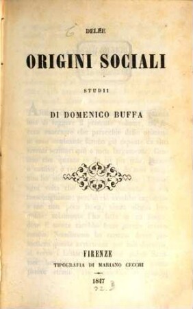 Delle origini sociali studii di Domenico Buffa