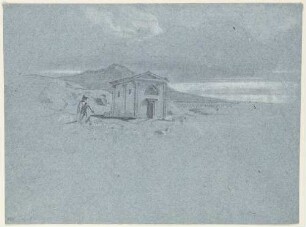 Bergige Küstenlandschaft mit Kapelle (?), Hirten und Herde