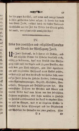 IV. Ueber den poetischen und religiösen Charakter und Werth der Weissagung Joels.