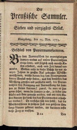 Sieben und vierzigstes Stück. Königsberg, den 25. Nov. 1773.