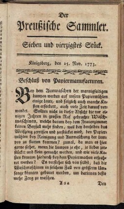 Sieben und vierzigstes Stück. Königsberg, den 25. Nov. 1773.