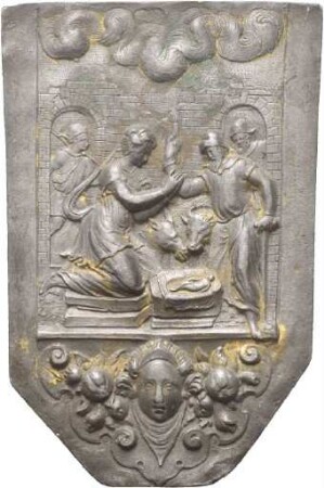 Rechteckige Plakette mit Darstellung der Geburt Christi
