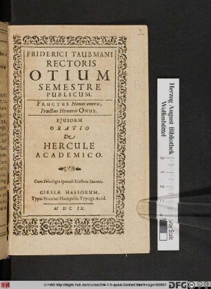 Friderici Taubmani Rectoris Otium Semestre Publicum