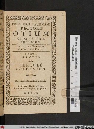 Friderici Taubmani Rectoris Otium Semestre Publicum