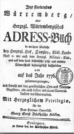 1776: Württembergisches Adressbuch, 1776