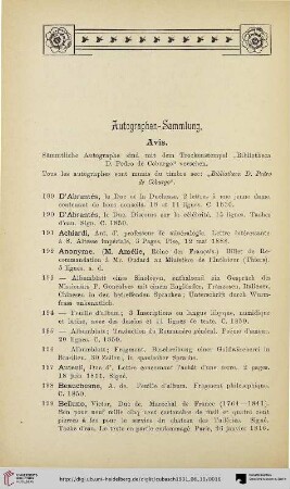 Autographen-Sammlung. Avis (Nr. 189-428)