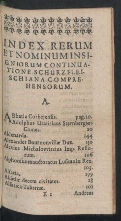 Index Rerum Et Nominum Insigniorum Continuatione Schurzfleischiana Comprehensorum.