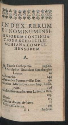 Index Rerum Et Nominum Insigniorum Continuatione Schurzfleischiana Comprehensorum.