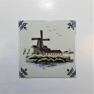 Mühle mit Kirche und Segelschiffen