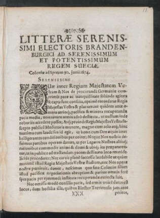Litterae Serenissimi Electoris Brandenburgici Ad Serenissimum Et Potentissimum Regem Sueciae.