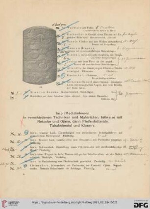 Inro (Medizindosen) in verschiedenen Techniken und Materialien, teilweise mit Netzuke und Ojime, Pfeifenfutterale, Tabaksbeutel und Kämme (Nr. 95-145)
