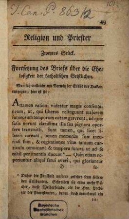 Religion und Priester, 2. Fortsetzung des Briefs über die Ehelosigkeit der katholischen Geistlichen