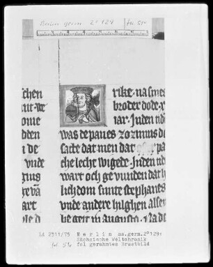 Sächsische Weltchronik (bis zum Jahre 1229) — Phantasieportrait eines römischen Kaisers, Folio 51verso
