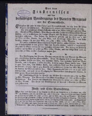 Von den Finsternissen und dem diesjährigen Vorübergange des Planeten Mercurius vor der Sonnenscheibe.