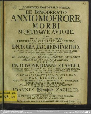 Dissertatio Inauguralis Medica, De Immoderato Anxio Moerore, Morbi Mortisque Autore