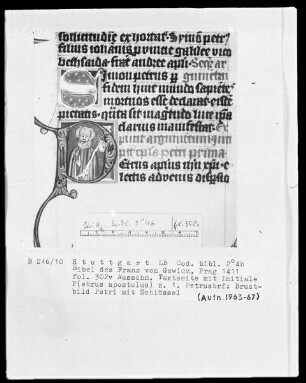 Lateinische Bibel in zwei Bänden für Franz von Gewicz — Initiale P (etrus apostolus) mit Brustbild Petri mit Schlüssel, Folio 302verso
