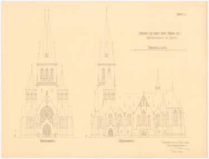 Kirche, Oberhausen: Choransicht, Längsschnitt, Querschnitt 1:200